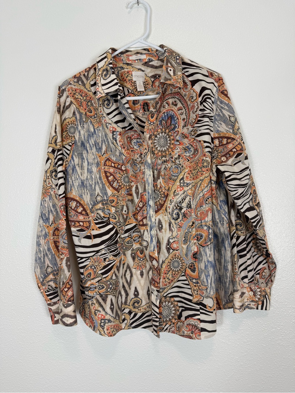 Chico's  Paisley & Zebra Print Blouse Orange, Blue, Cream Avant Garde Cotton